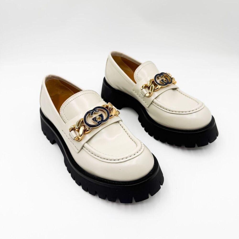 Gucci Jeanne GG Chain Lug Sole White Leather Platform Loafers EU 38 US 8 - Picture 2 of 12